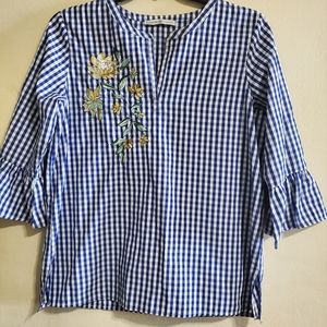 Signature Collection Blouse Top Embroidered  Gingham Blue and White 3/4 Sleeves